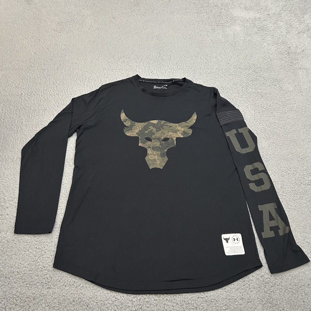 Under Armour Shirt Mens Extra Large Black Project Rock USA Flag Long Sleeve Bull